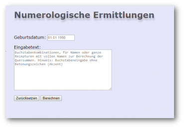 Programm Numerologische Ermittlungen Geburtsdatum und Namen oder Texte